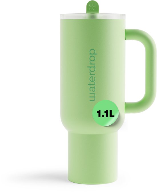 Gobelet Thermo Waterdrop® Explorer 1,1 L - Garde les boissons froides pendant 12 heures - Gobelet avec paille, poignée et couvercle étanche - Perfect pour les boissons glacées - Vert emblématique - Gourde