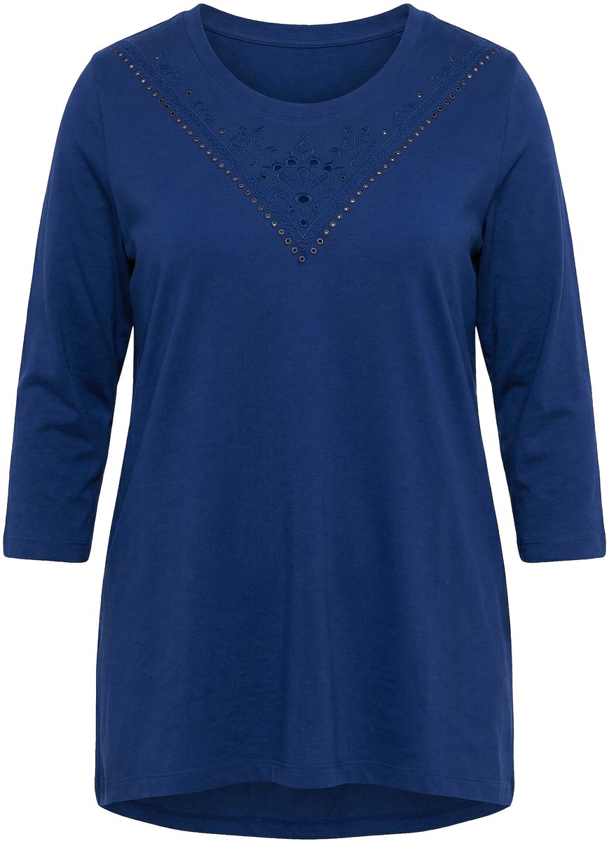 Angel of Style - Dames - T-shirt langere A-lijn opengewerkt borduursel - Donkerblauw - Maat 60