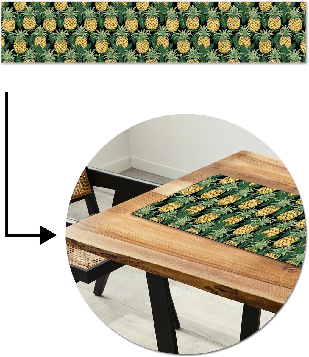 Tafelloper 200x40 cm - Tafelmat vinyl Patroon - Tropisch - Ananas - Illustratie - Tafeldecoratie - Tafelversiering - Keuken decoratie - Tafel versiering