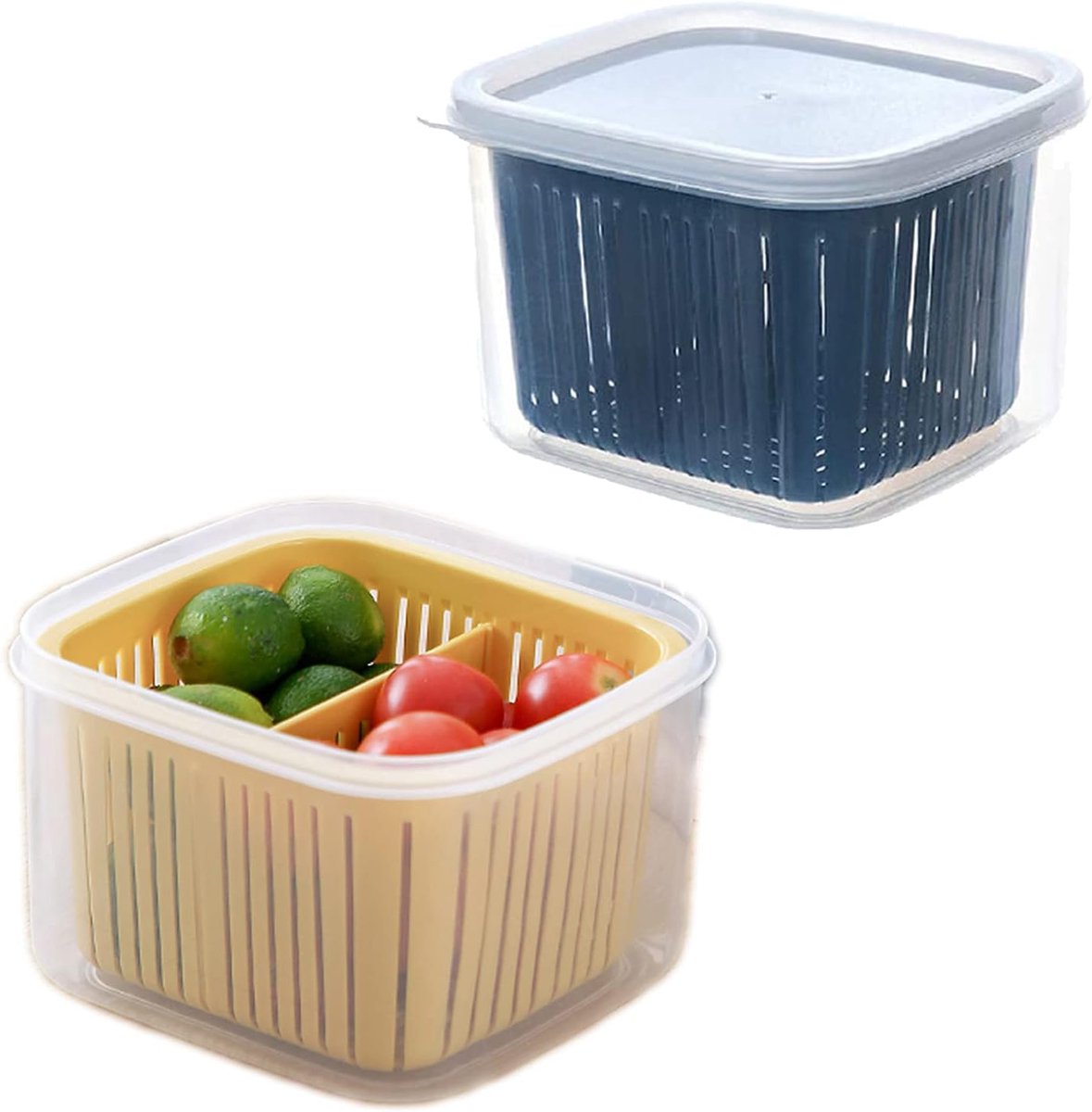 Daity Set van twee voedselbewaardozen met gaas (13 * 12 * 9 cm), BPA-vrije bewaardozen voor in de koelkast, verstelbare bewaardozen met twee compartimenten voor het bewaren van fruit, groenten en salades (geel en blauw).