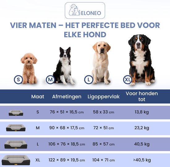 Vier maten hondenbedden (S, M, L, XL) met verschillende afmetingen en draaggewichten, met vier honden van verschillende rassen.