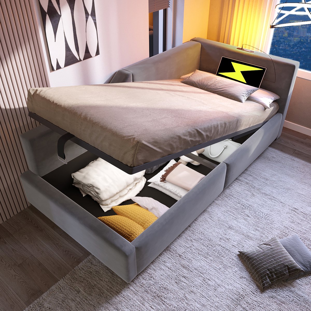 REDOM Bedbank – 90x200 cm – Met hydraulische opbergruimte, leeslamp & USB-C – Fluweel – Gr