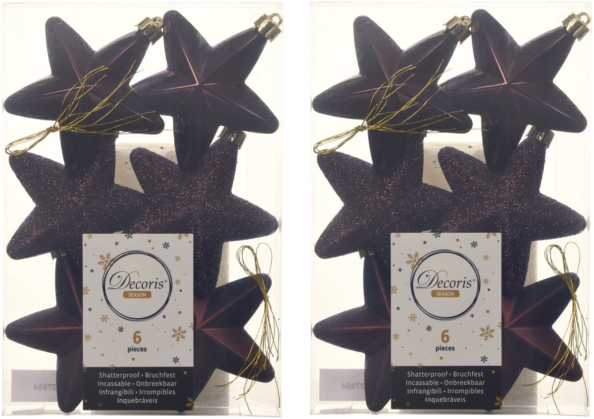 Decoris kersthanger sterren - 18x st - mahonie bruin - 7 cm - kunststof - kerstornamenten - kerstversiering