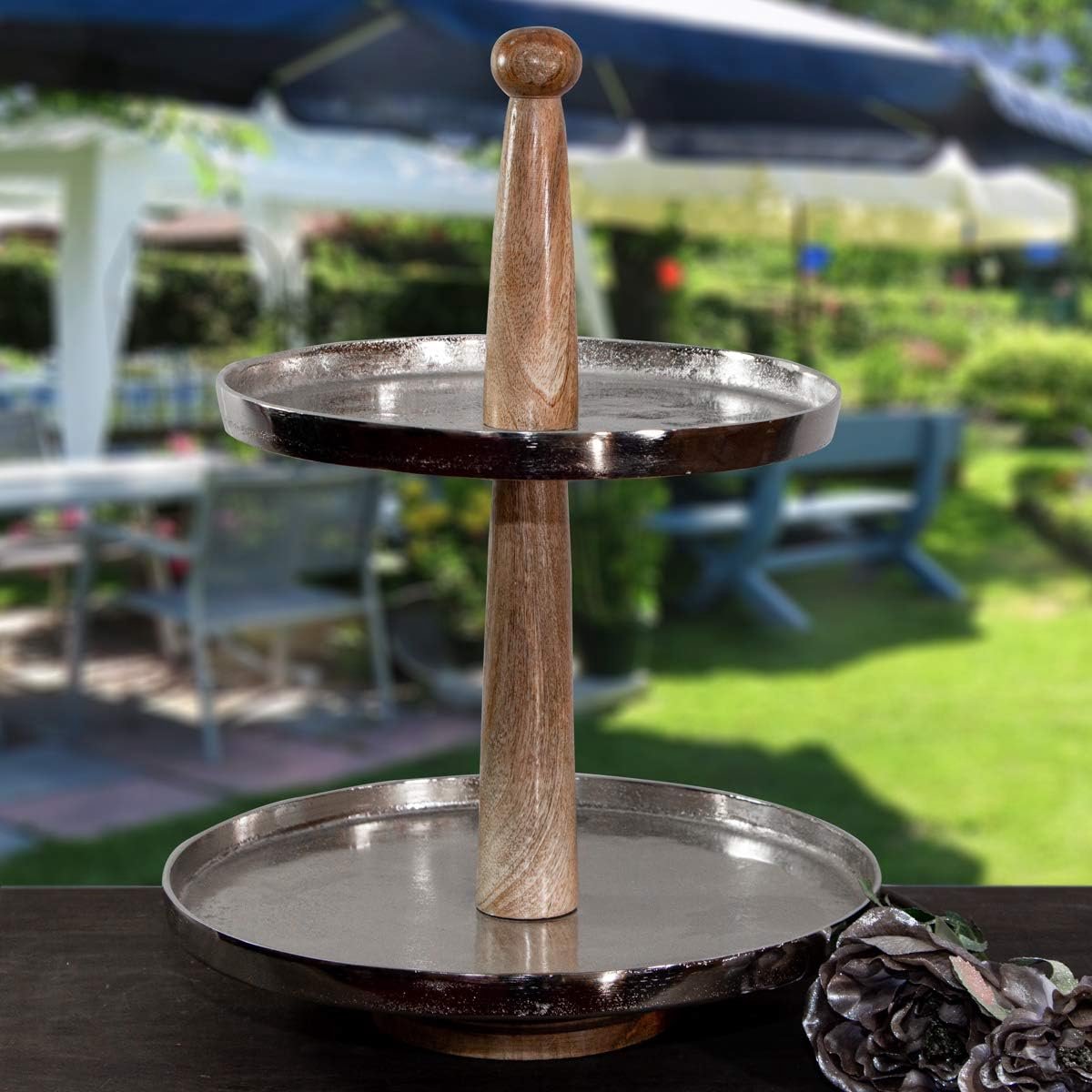 Etagère 2 Verdiepingen Aluminium en Hout Geborsteld - Taartplateau en Buffet Decoratie