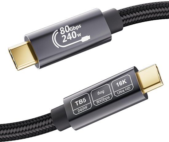 EUDOBEL 80Gbps USB C Thunderbolt 5 kabel 1m, Unidirectionele bandbreedte tot 120Gbps,Ondersteunt 240W 5A laadvermogen,Video 16K@30Hz 8K@60Hz,12-bit kleurdiepte voor Thunderbolt 4,USB 4,SSD,eGPU,Laptop