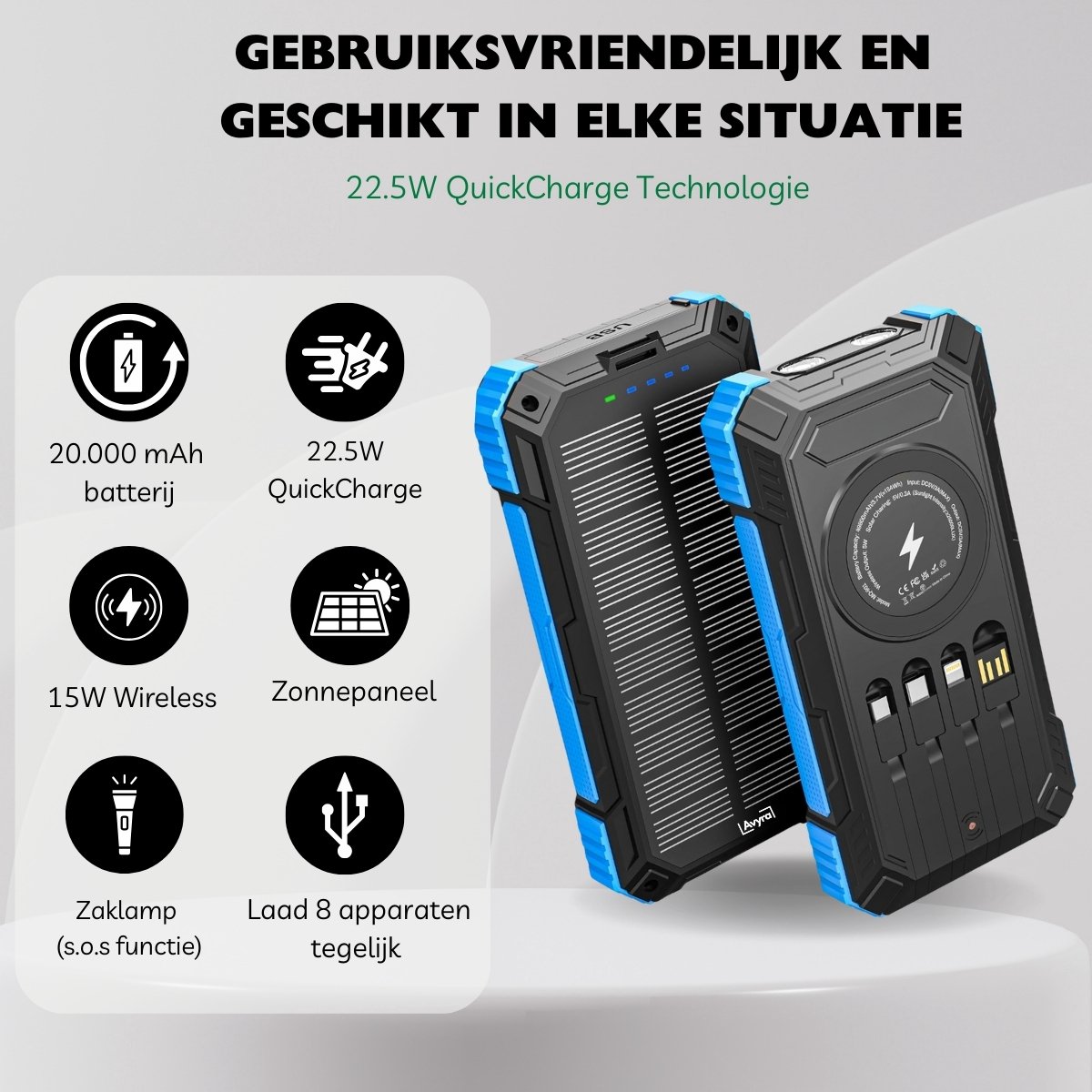 Avyra® Solar Powerbank 20000 mAh met Draadloos Opladen - afbeelding 2