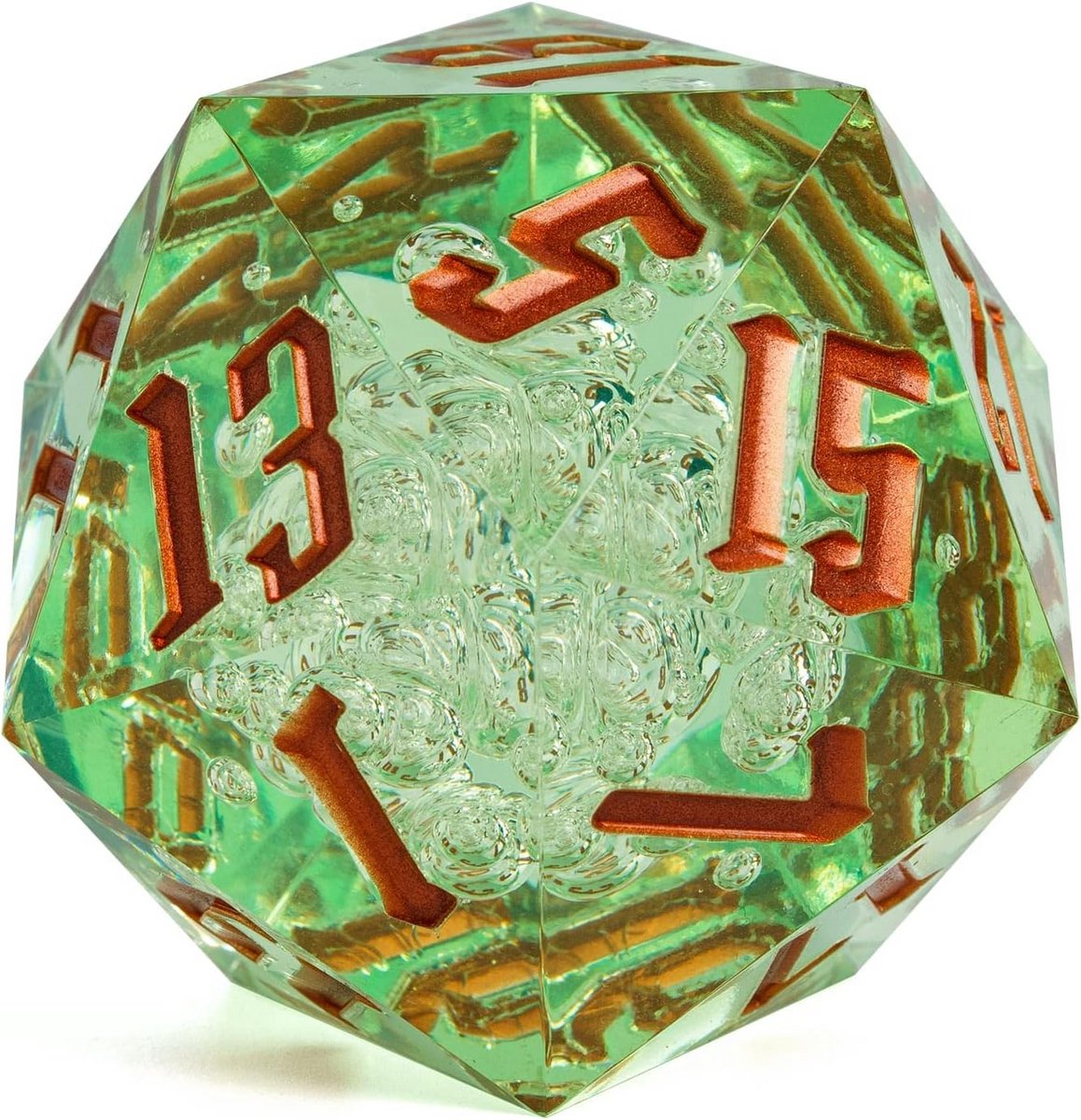 Gigantische 20-zijdige D20 Dobbelsteen 55mm Transparant Groen met Roze Opschrift