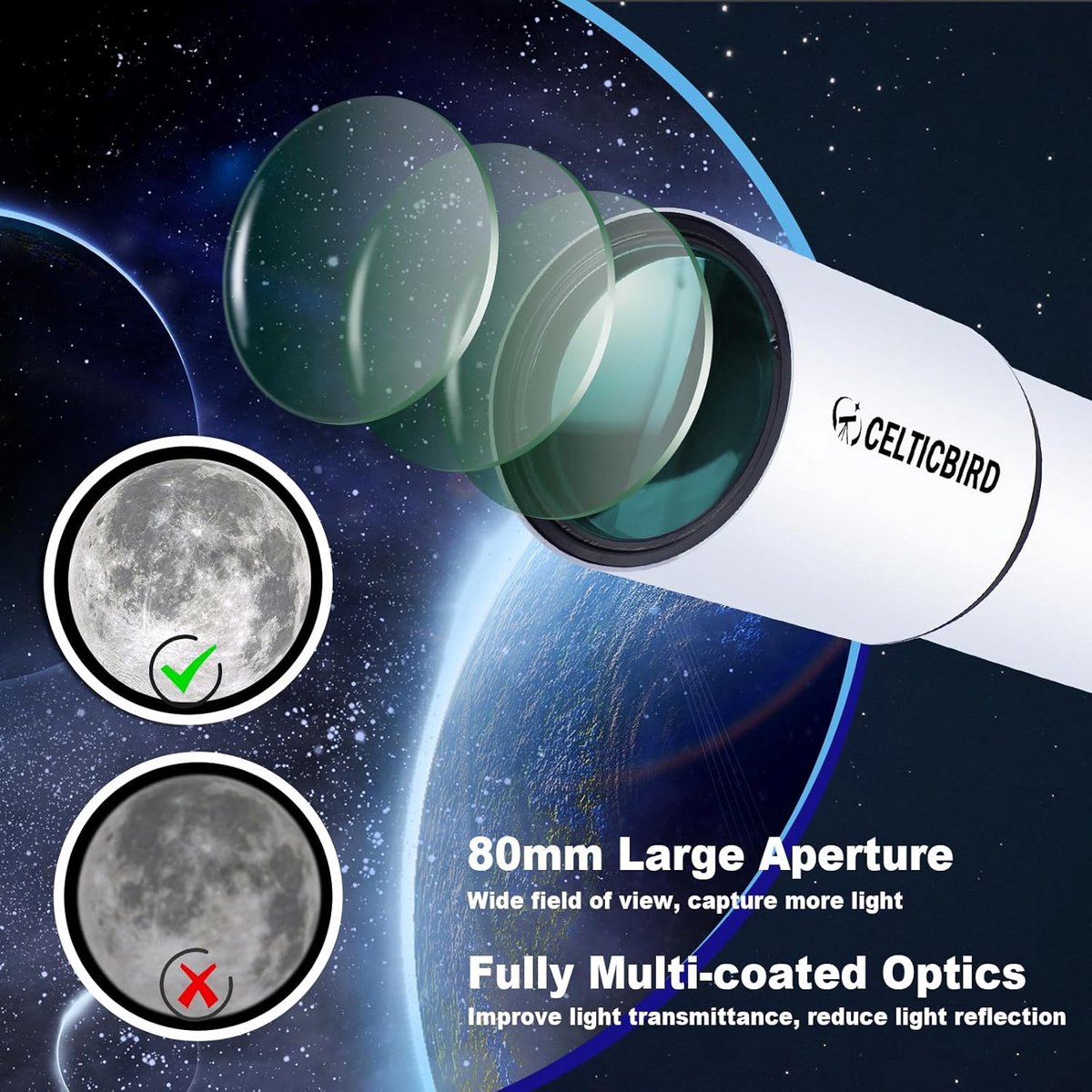 Krachtige Reistelescoop voor Beginners en Volwassenen, 900/80 mm Refractor