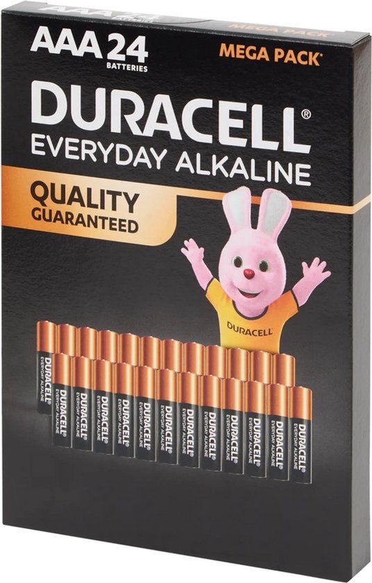 Doos met 24 Duracell AAA alkaline batterijen, met de Duracell bunny mascotte.