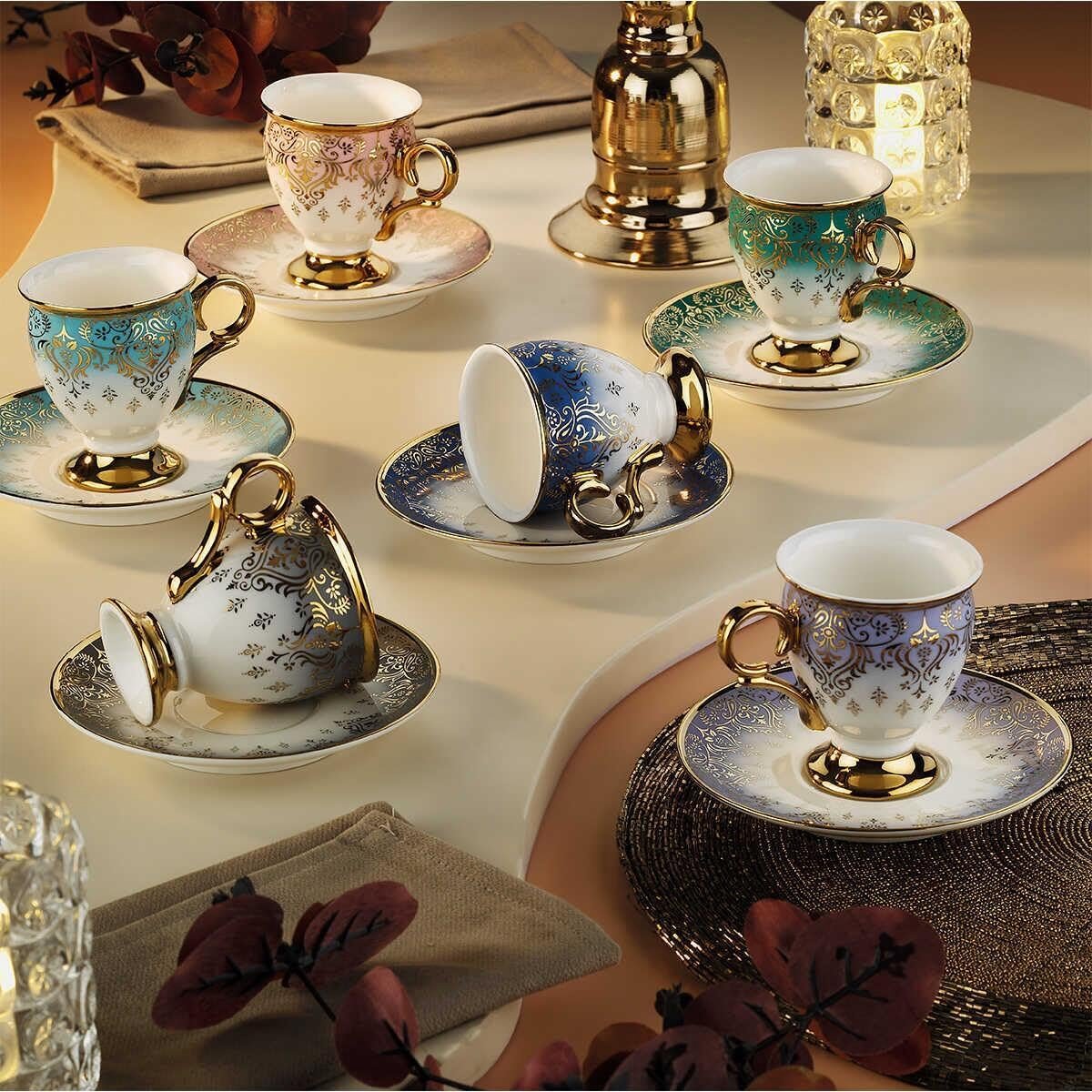 Set van 6 Porseleinen Espressokopjes en Schotels - Traditioneel Turks Koffieservies (90ml)