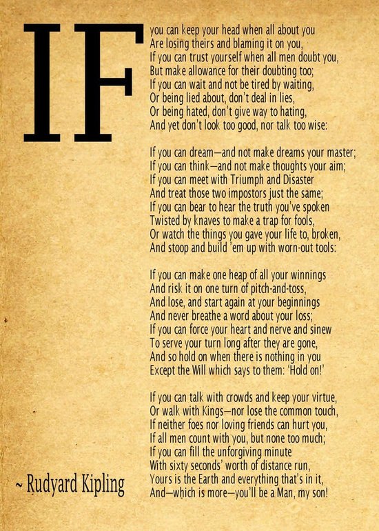 Poème 'If' de Rudyard Kipling avec un grand 'I' sur un fond beige, semblable à du lin.