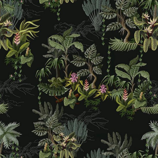 Zwarte achtergrond met een gedetailleerd groen botanisch tropisch bladerenpatroon, met diverse planten en subtiele schetslijnen.