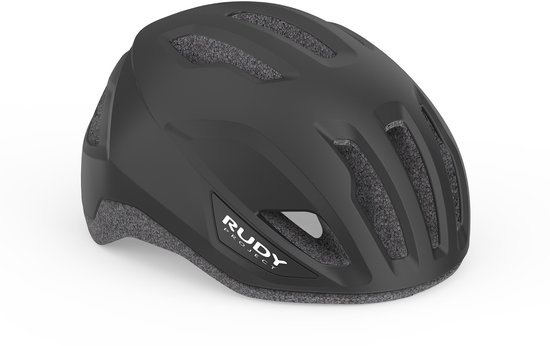 Zwarte fietshelm met "RUDY PROJECT" logo aan de zijkant en grijze voering.