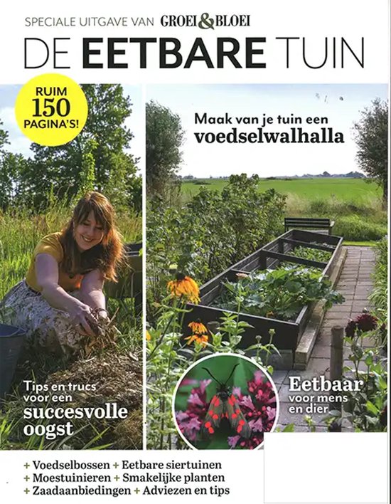 Speciale uitgave De Eetbare Tuin met een vrouw die planten verzorgt, een moestuin en de tekst "Maak van je tuin een voedselwalhalla".