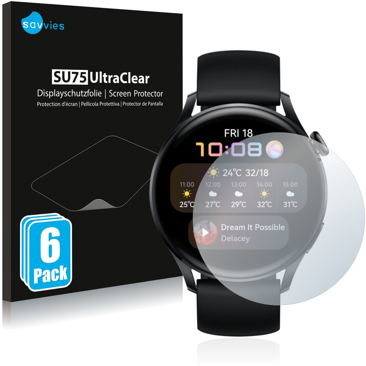 Savvies - Screenprotector voor Huawei Watch 3 - Folie Beschermfolie transparant 6 Stuks