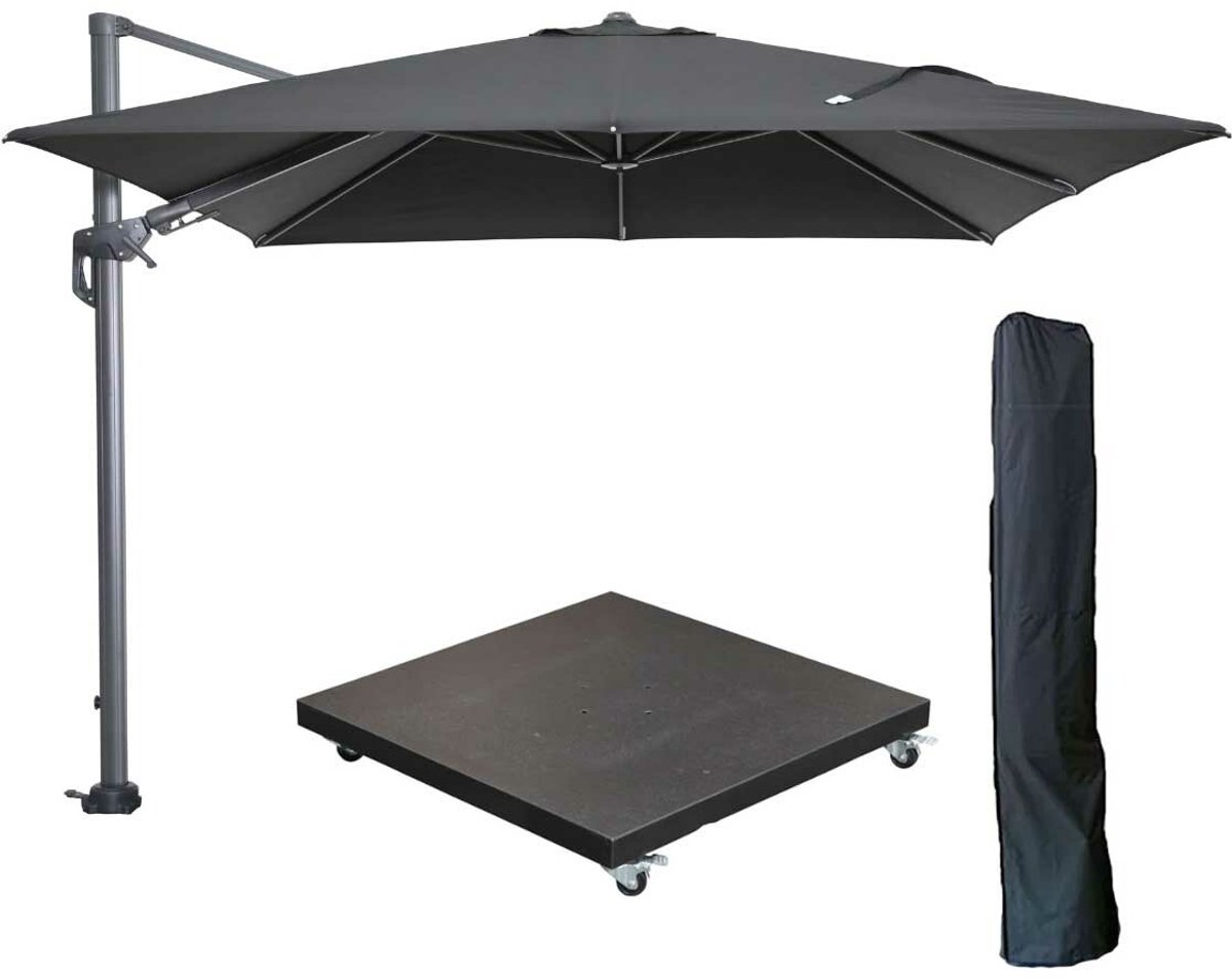 Garden Impressions Hawaii zweefparasol 300x300 cm carbon black / zwart met 90kg verrijdbare parasolvoet en parasolhoes