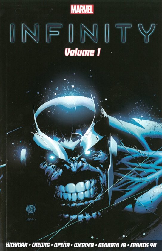 Marvel Infinity Volume 1 stripboek met Thanos in de hoofdrol, met blauwe ogen en een gemene grijns.