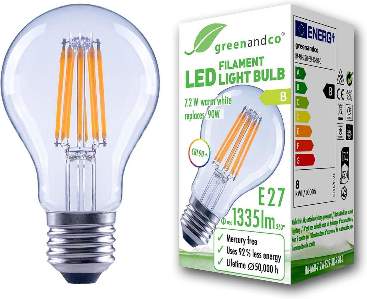 Led Filamentlamp E27 7.2W Warmwit 1335 Lumen (Vervangt 90W) - Hoge Kleurweergave CRI 90+