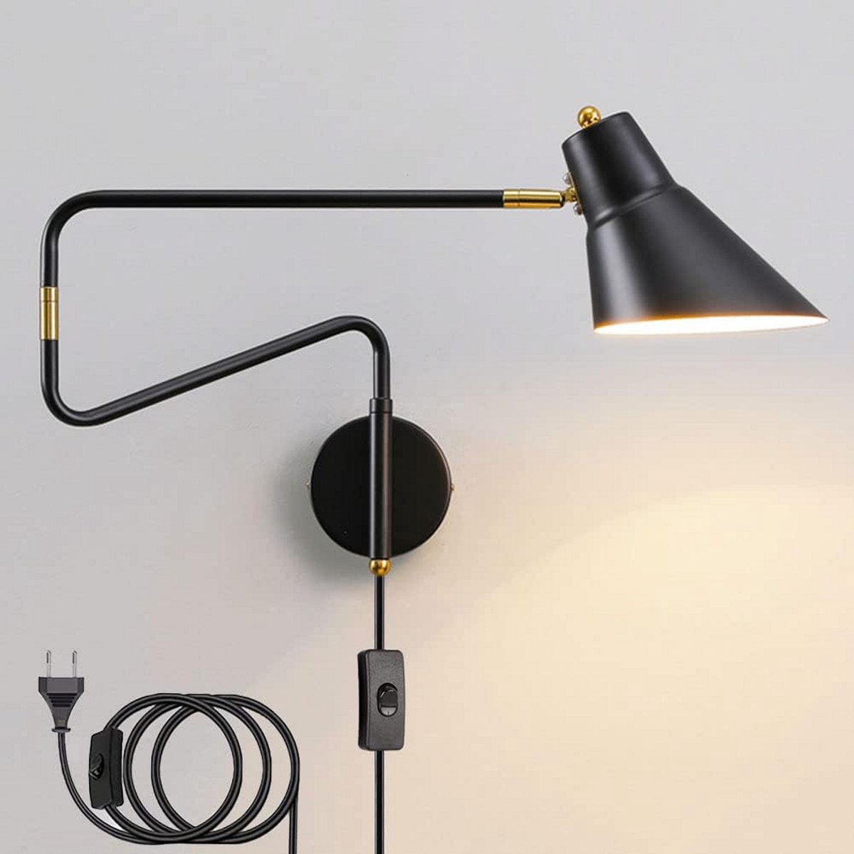 Industriële wandlamp met verstelbare arm en schakelaar - zwart