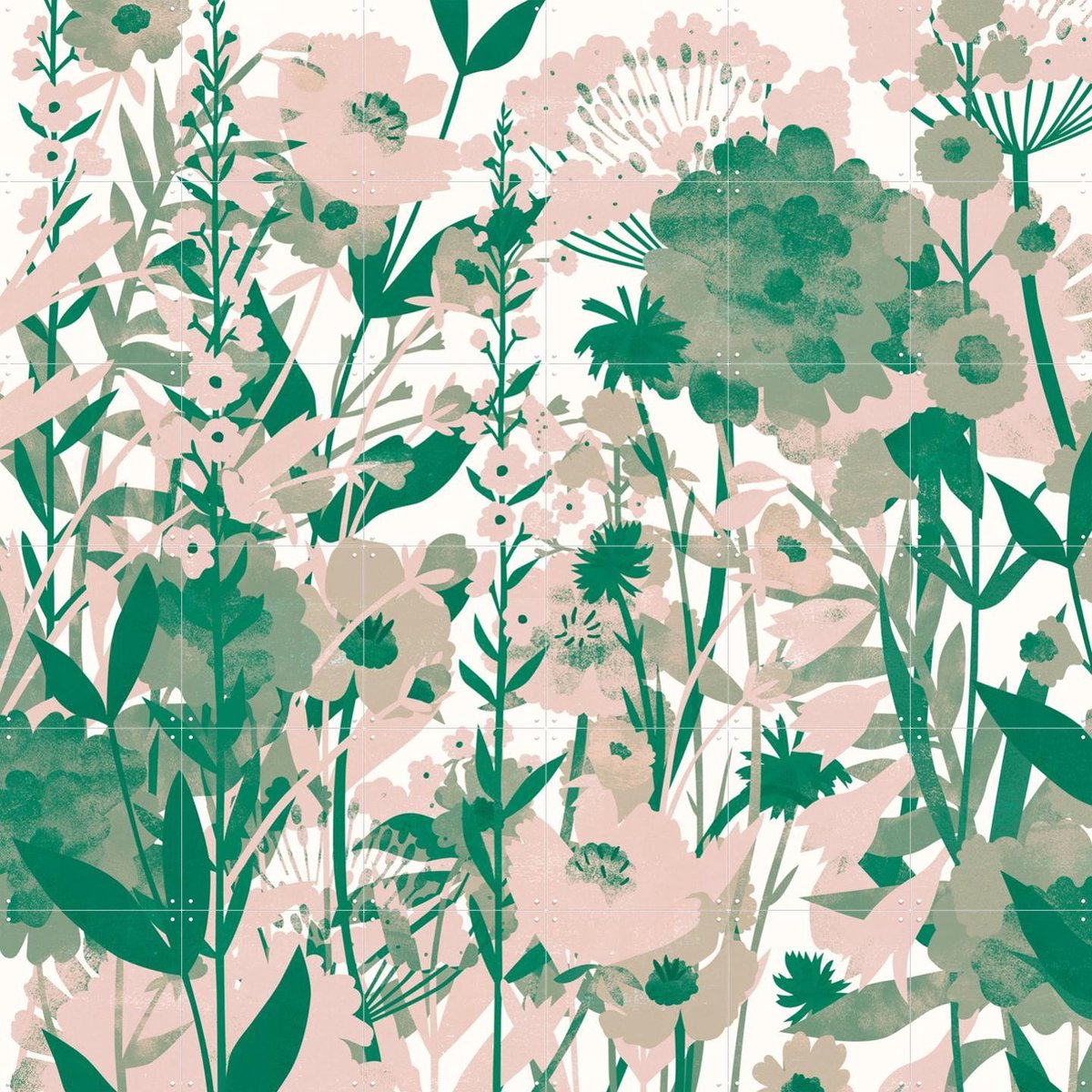 IXXI Flower Garden green, Lotte Dirks - 120 x 120 cm - Gratis ophangtool - Grote wanddecoratie en posters - Aquarel, Illustraties, Woonkamer
