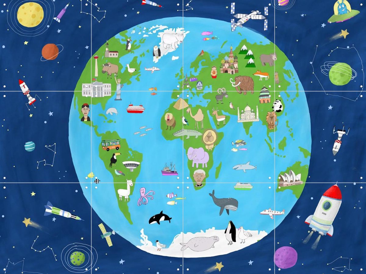IXXI Illustrated Map of the World from Space, Carla Daly - 80 x 60 cm - Gratis ophangtool - Grote wanddecoratie en posters - Cartoonesk, Kleurrijk
