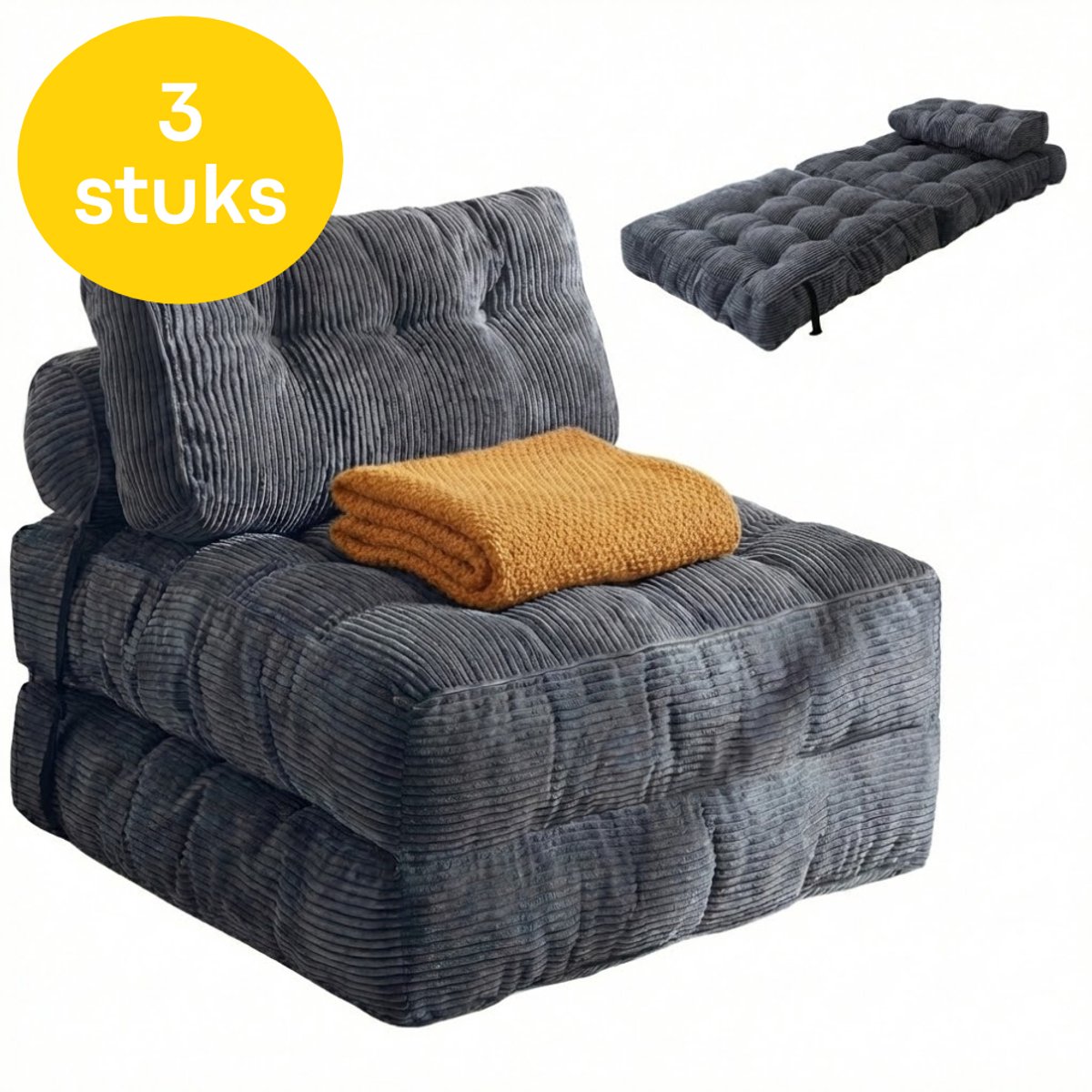 Moeve Slaapbank 1 persoons - 3 stuks - 2 in 1 - Comfortabel & Makkelijk in gebruik - Logeerbed opbouwbaar - Bedbank - Slaapstoel - Zetelbed - Grijs