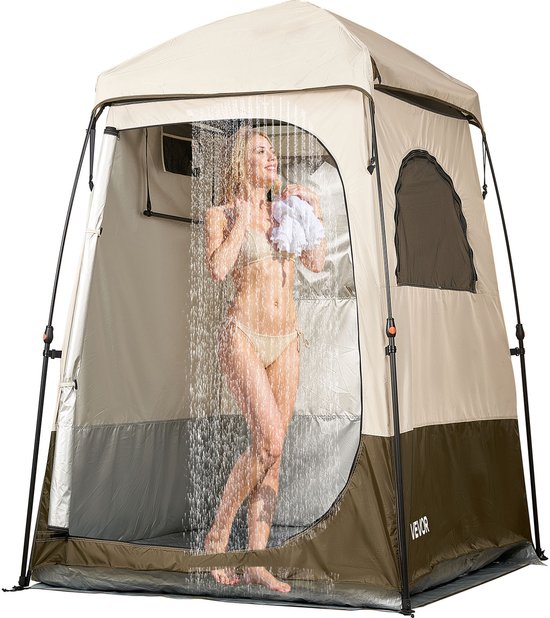 VEVOR 1-Kamer Douchetent, Waterdichte Toilettent (145x145x215 cm), Omkleedtent Incl. Haringen, Touwen, Draagtas En Dwarsbalk, Gemaakt van 210d Oxford-Stof Voor Kamperen, Strand, Vissen, Kaki — afbeelding 2