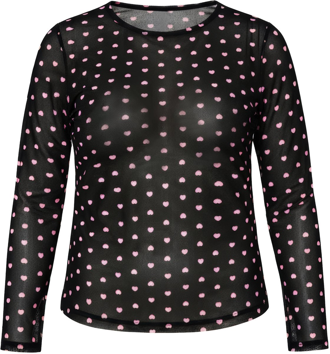 Studio Untold - Dames - T-shirt Slim Shape mesh hartmotief lange mouwen - Zwart - Maat 54+