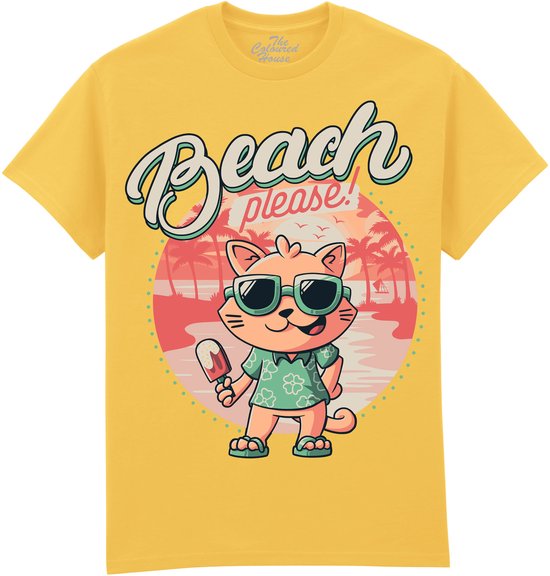 Geel T-shirt met opdruk 'Beach please!' en een kat met zonnebril en ijsje.