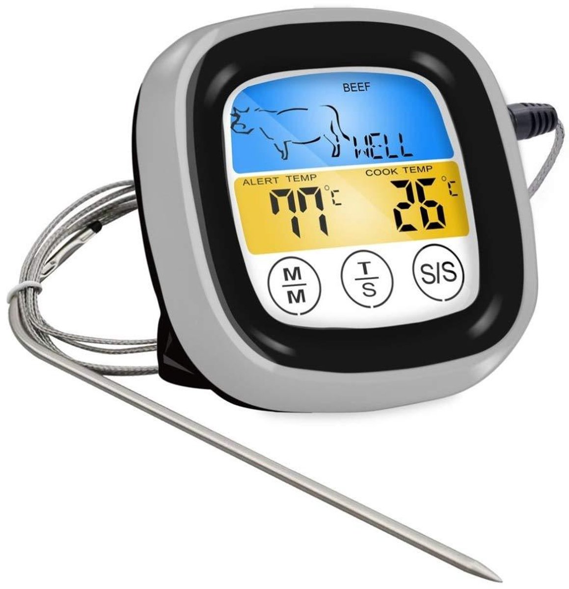 Digitale Vlees- & Oventhermometer met Lange Sonde - Groot LCD Touchscreen, Timer, Direct Afleesbaar, Ideaal voor Oven, BBQ, Bakken & Grillen