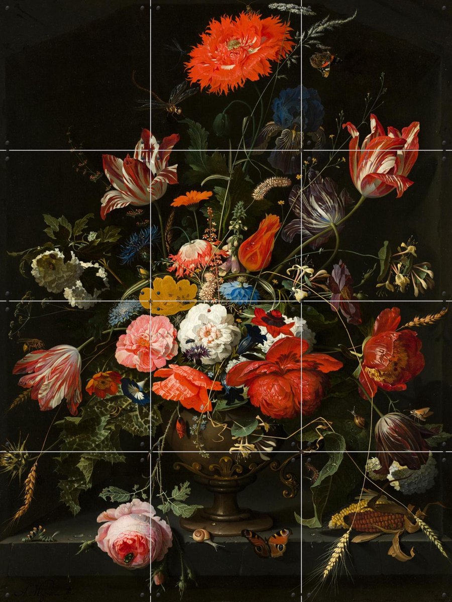 IXXI Bloemen in een metalen vaas, Abraham Mignon & Mauritshuis - 60 x 80 cm - Gratis ophangtool - Grote wanddecoratie en posters - Olieverf, Realisme