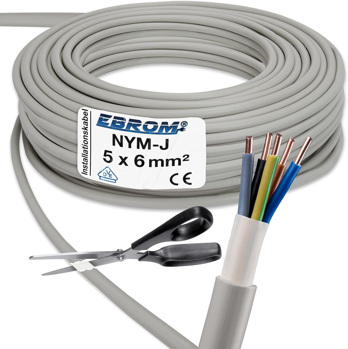Installatiekabel NYM-J 5x6 mm² 15 meter grijs