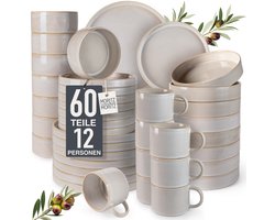 Moritz & Moritz CASTELLO 60-delige Serviesset voor 12 Persoons – Bordenset Aardewerk Grijs – Servies met Dinerborden, Dessertborden, Soepborden en Kopjes