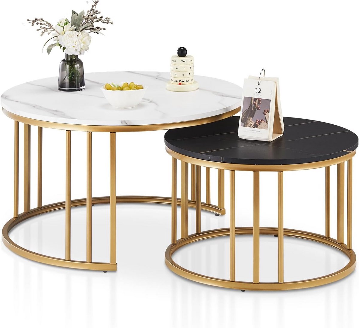 Set van 2 Ronde Salontafels met Marmerlook Tafelblad en Metalen Frame - Modern Bijzettafel