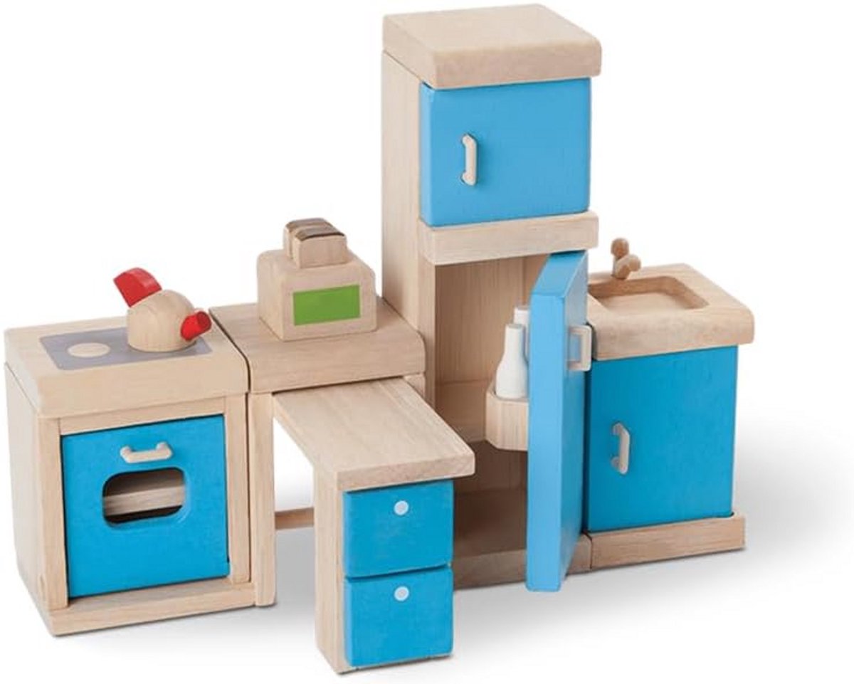 Houten Keukenset voor Poppenhuis - Inclusief Oven, Koelkast en Tafel