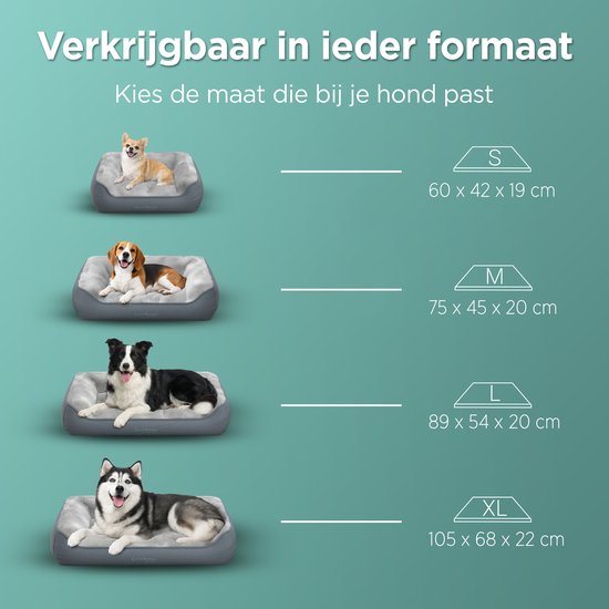 Vier honden op rieten manden in verschillende maten S, M, L, XL.