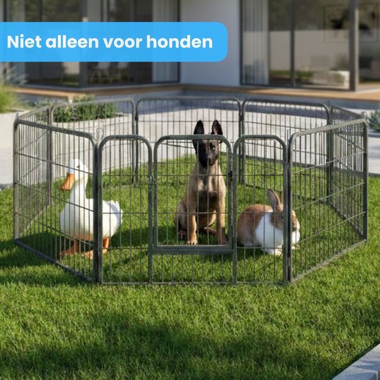 Een metalen ren met een hond, een eend en een konijn, niet alleen voor honden.