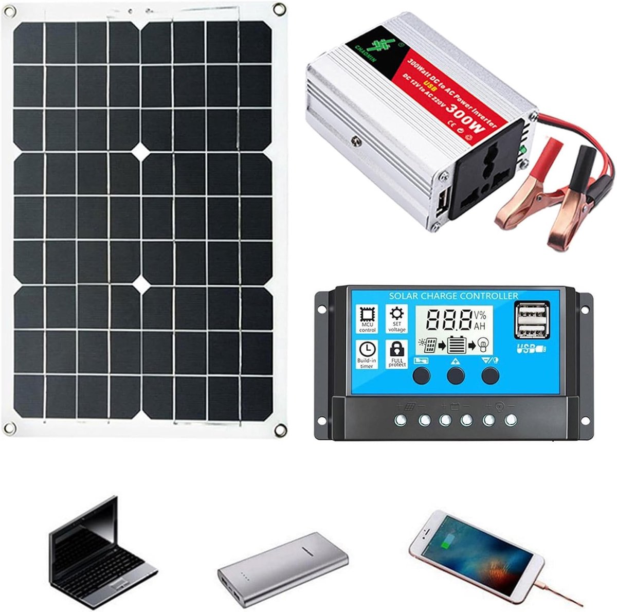 Zonne-energie Kit - Draagbare Stroom - Off-Grid Energie - 300W Omvormer - 148x78x35mm - Veelkleurig