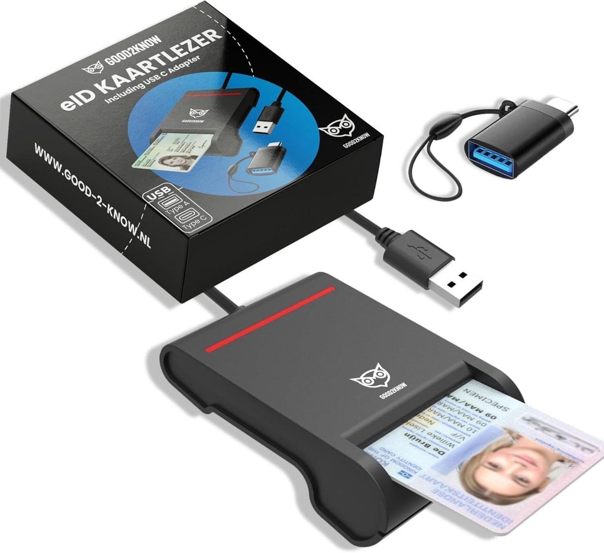 Identiteitskaartlezer - E-ID Card Reader - Veilig Online - Dubbele Connectoren - Rood Zwart