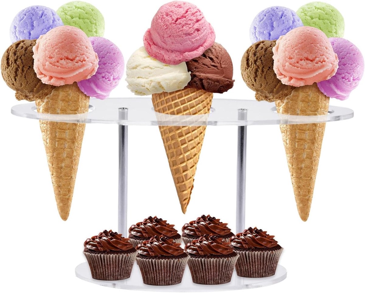 IJshoornhouder - Wafelkegel standaard - Dessert presentatie - Drie gaten - 19x12x9.5cm - Transparant