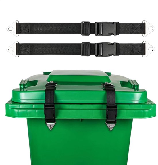 Twee zwarte riemen met gespen bevestigd aan de deksels van groene prullenbakken.