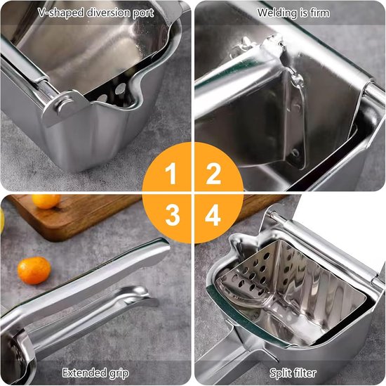 Handmatige Fruitpers - Citrus Pers - Vers Sap Maken - Duurzaam Roestvrij Staal - 22 x 11 cm - Metallic Zilver — afbeelding 5