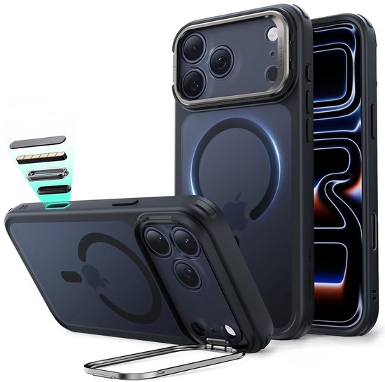 Zwarte en doorzichtige iPhone 15 Pro Max hoes met MagSafe-ring en metalen standaard, naast een lege iPhone.
