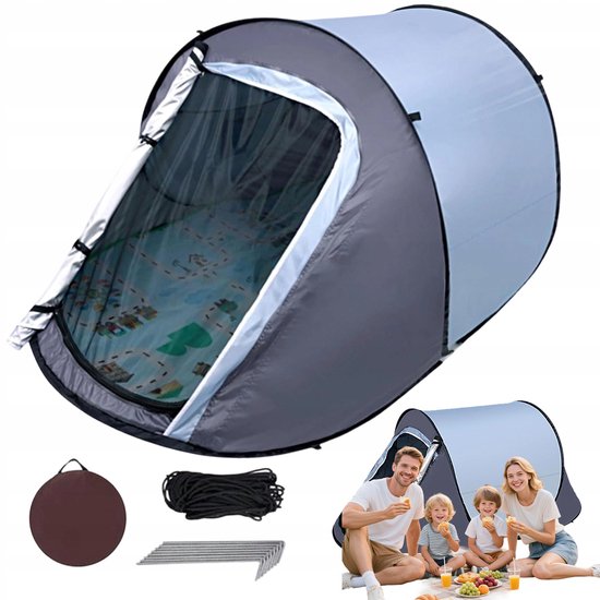 Kampeertent - Opvouwbare Tent - Pop-up Tent - 1-2 Persoons - Blauw/grijs - Polyester - 218x100x95cm - Water- en zonbestendig - Met slaapmat, tentharingen, scheerlijnen