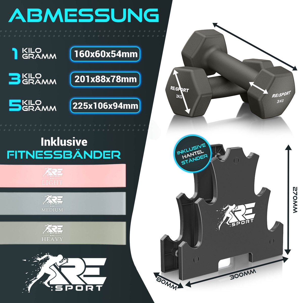 RE:SPORT® Halter Set 3 Paar 1kg–5kg, 18kg met Standaard & 3x Fitnessbanden | Antislip Neopreen Dumbbells voor Dames & Heren | Halters Halterset thumbnail 6