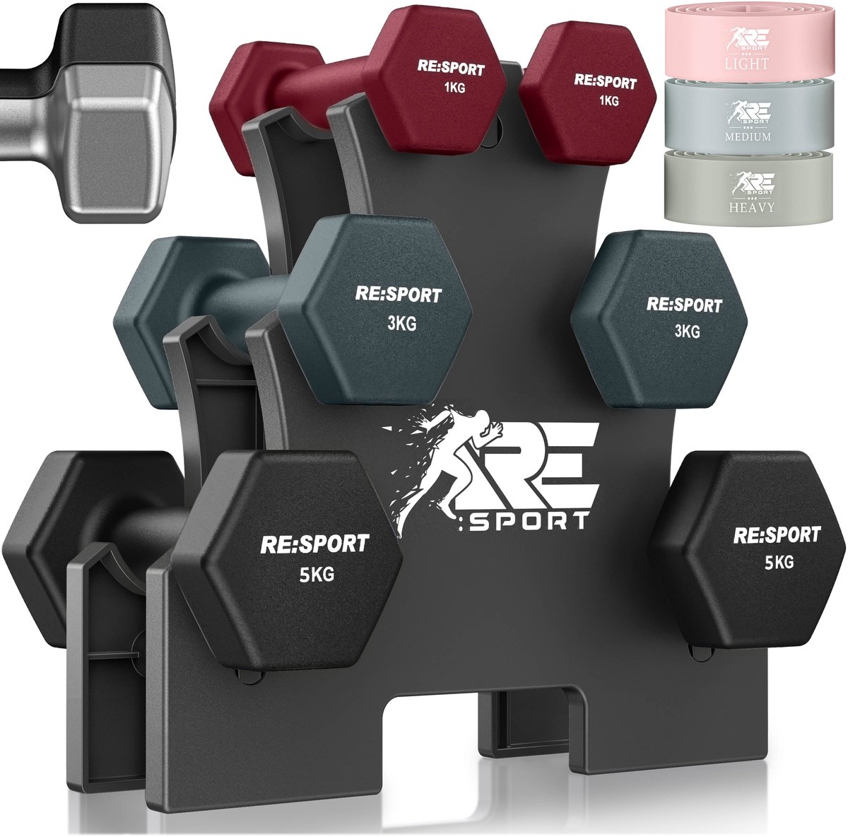 RE:SPORT® Halter Set 3 Paar 1kg–5kg, 18kg met Standaard & 3x Fitnessbanden | Antislip Neopreen Dumbbells voor Dames & Heren | Halters Halterset