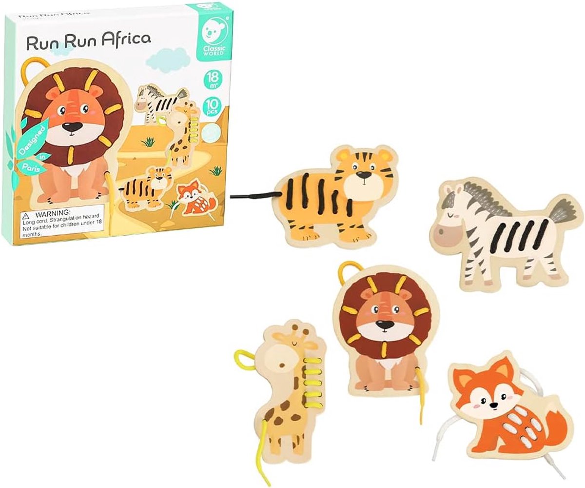 Rijgpuzzel Wilde Dieren - Educatief Houtspel - Motorische Ontwikkeling - 10 Delig Ontwerp - 95 x 12 cm