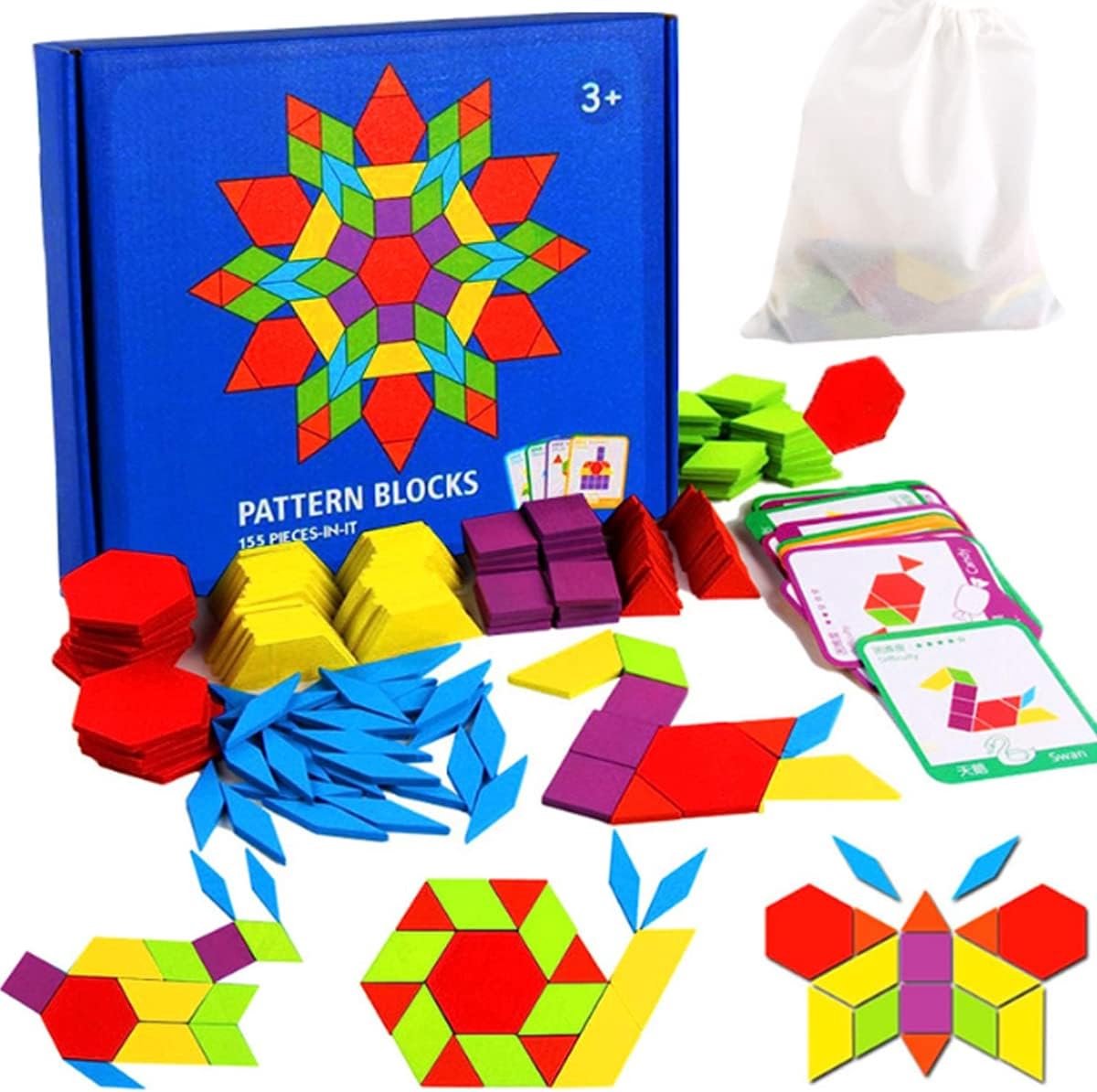 Houten Puzzel - Geometrische Vormen - Educatief Spelen - 155 Stukken 24 Kaarten - 21 x 21.5 cm - Bruin