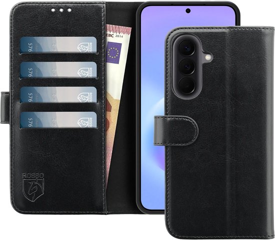 Zwarte portemonnee telefoonhoes open met pasjes, geld en Samsung telefoon.