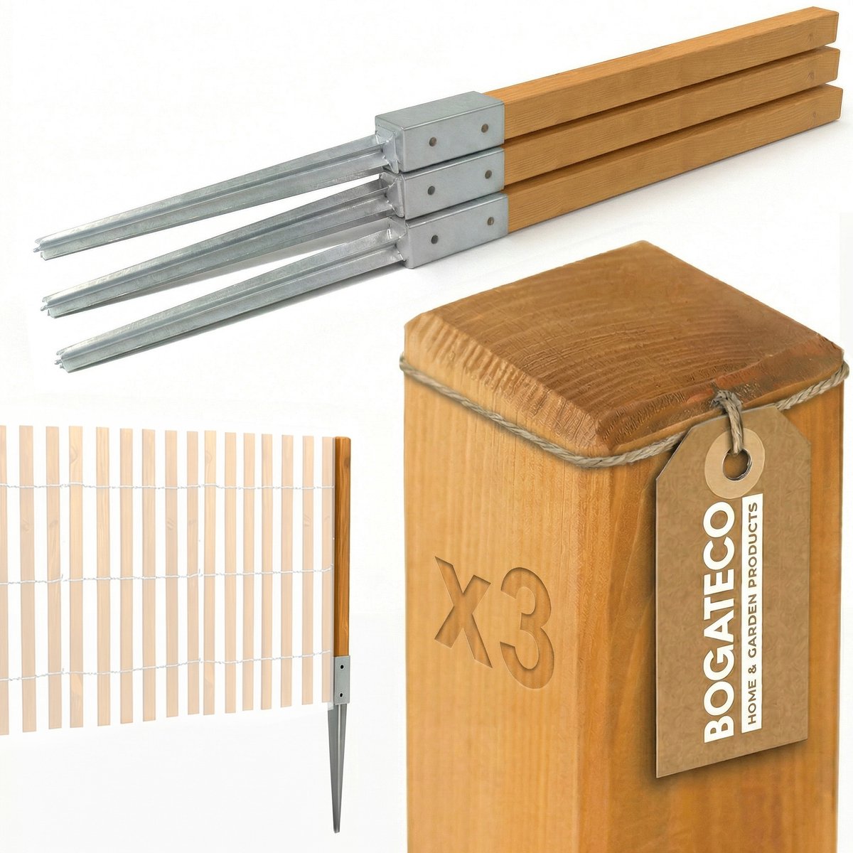 BOGATECO Geïmpregneerde Houten Tuinpalen 120x5x5 cm - Set van 3 Stuks - Vierkante Schuttingpalen voor Tuin & Omheining - Beschikbaar in 2 Kleuren en 4 Hoogtes